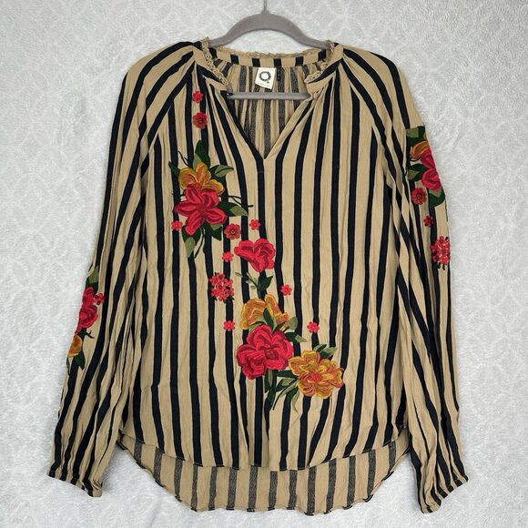Akemi + Kin Tops - Anthropologie Akemi + Kin Manuela Blouse Womens M Black Tan Stripe Embroidered